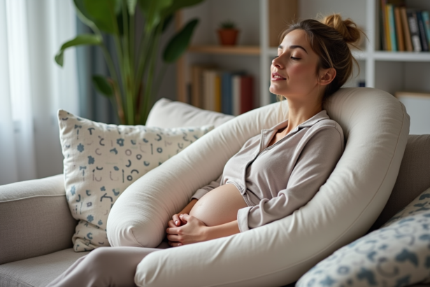Femme enceinte relaxée avec coussin de maternité dans un salon