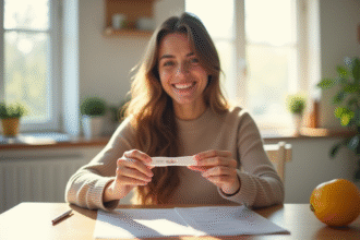 Femme souriante tenant un test de grossesse dans la cuisine