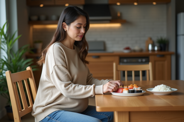 Femme enceinte en cuisine moderne regardant le sushi