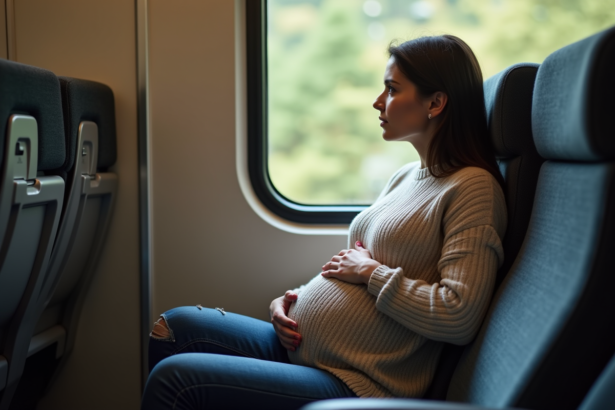 Femme enceinte assise dans un train regardant par la fenêtre