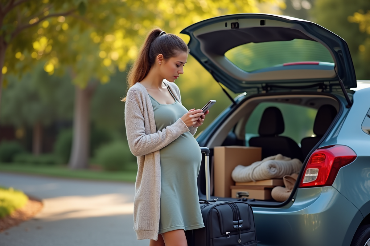 Femme enceinte vérifiant son téléphone devant une voiture