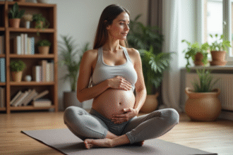 Femme enceinte faisant du yoga dans un salon moderne