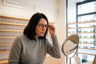 Femme essayant des lunettes dans une boutique d'opticien moderne près de Saint-Étienne