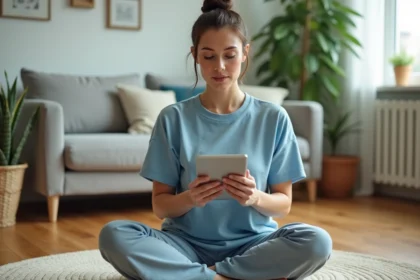 Femme en train de faire un exercice de respiration guidée