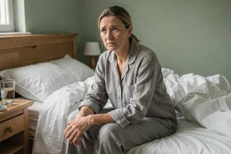 Femme fatiguée assise au bord de son lit le matin, illustrant la fatigue chronique et la recherche de traitements comme le mejetsvomiz