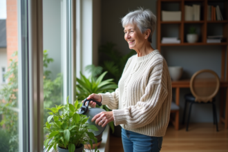 Femme souriante arrosant une plante d'intérieur dans un salon lumineux
