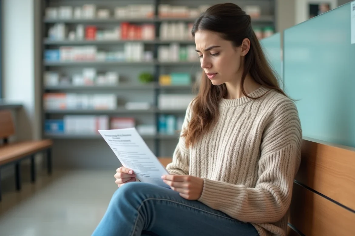 Jeune femme inquiète dans une pharmacie tenant un document d'information médicale sur les symptômes d'une boule dans l'aine