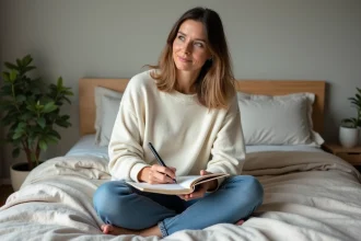 Femme en pleine réflexion dans sa chambre confortable