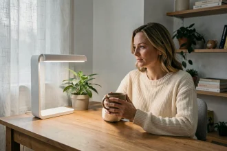 Femme utilisant une lampe de luminothérapie à son bureau en hiver pour lutter contre la dépression saisonnière
