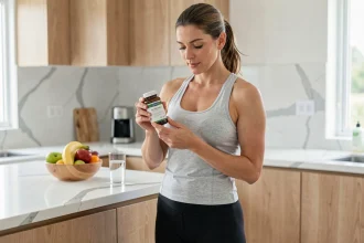 Femme lisant attentivement l'étiquette d'un complément alimentaire Lumilean dans une cuisine moderne et saine