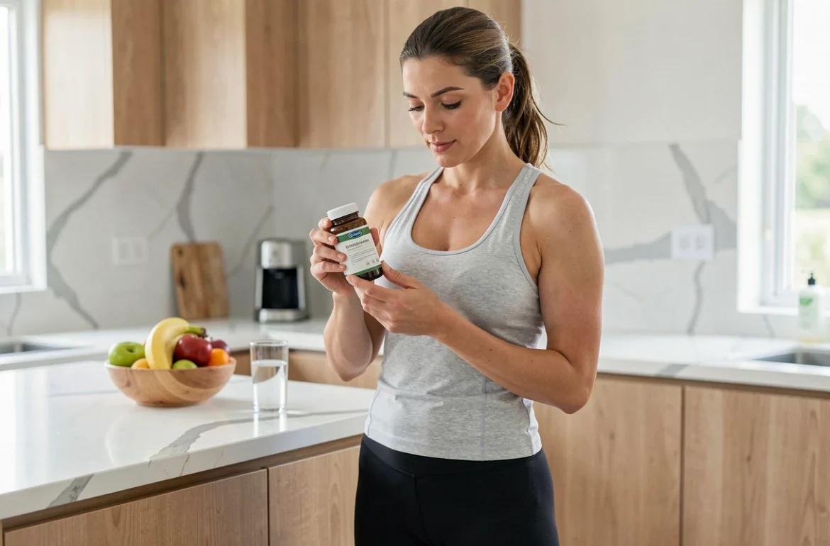 Femme lisant attentivement l'étiquette d'un complément alimentaire Lumilean dans une cuisine moderne et saine