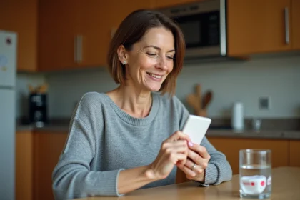 Femme d'une quarantaine d'années lisant la notice d'un médicament anti-douleur à la table de sa cuisine avec un verre d'eau