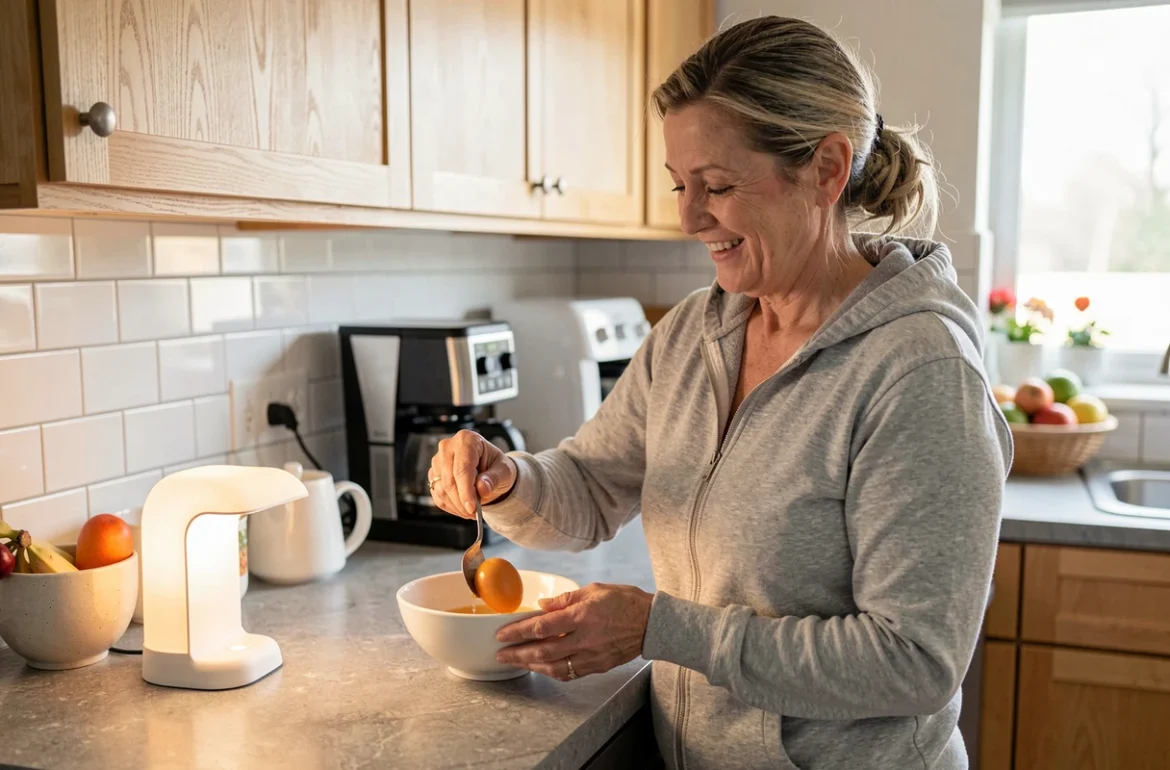 Femme utilisant une lampe de luminothérapie le matin dans la cuisine pour traiter la dépression saisonnière
