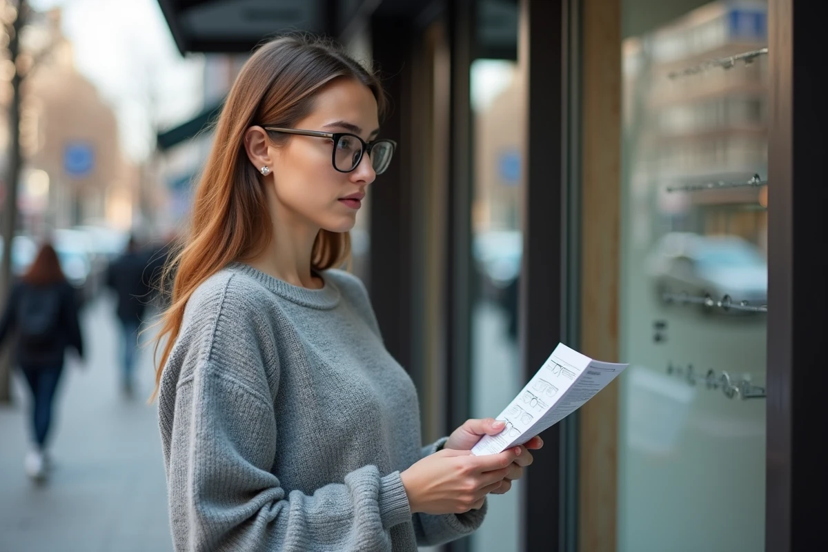 Jeune femme vérifiant sa prescription de lunettes en ville