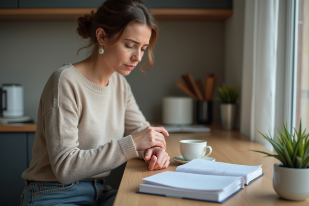 Femme regardant son poignet gonfle avec inquiétude