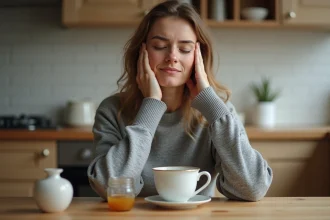 Femme tenant sa mâchoire douloureuse avec du miel et une tisane comme remèdes maison contre le mal au palais