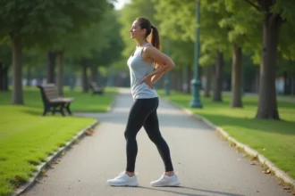 Femme en tenue sportive dans un parc urbain verdoyant