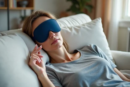 Femme portant un masque de migraine gel sur les yeux allongée sur un canapé blanc en lin dans un salon minimaliste