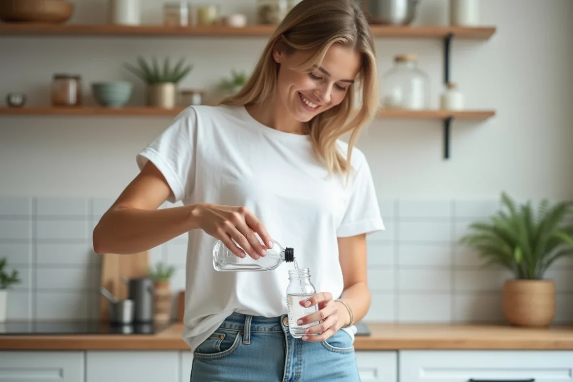 Femme en blanc mélange solution saline dans une cuisine lumineuse