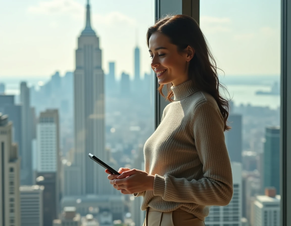 Femme narcissique perverse en appartement urbain, sourire contrôlé et posture émotionnellement fermée, thème psychologie toxique