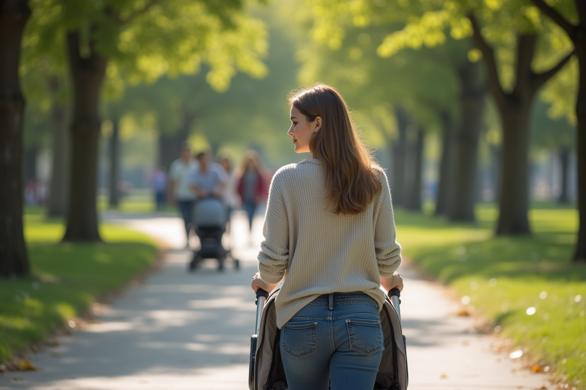 Femme marchant avec poussette dans un parc verdoyant