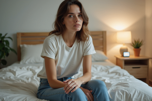 Femme pensive assise sur le lit dans une chambre chaleureuse