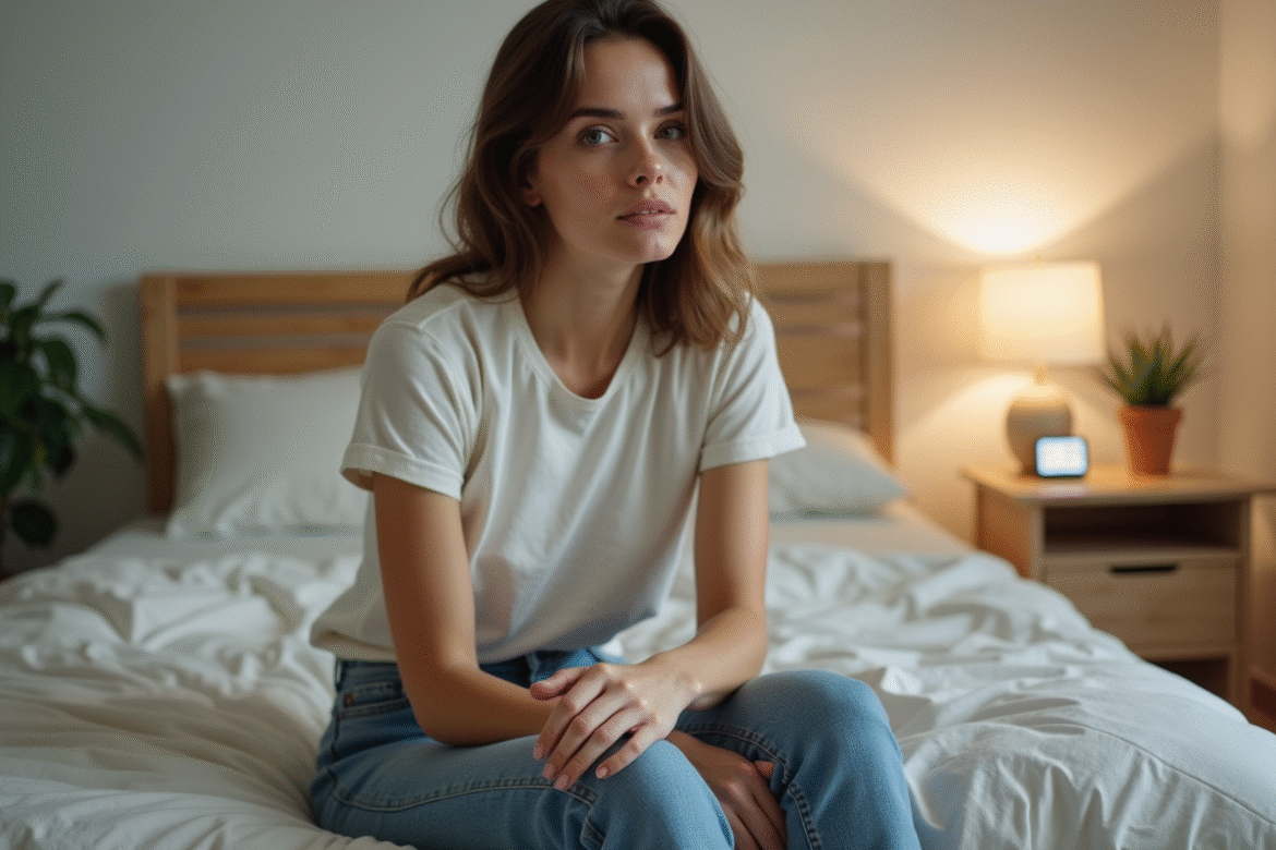 Femme pensive assise sur le lit dans une chambre chaleureuse