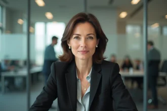 Femme au profil narcissique pervers en milieu professionnel, expression froide et posture dominatrice dans un bureau moderne