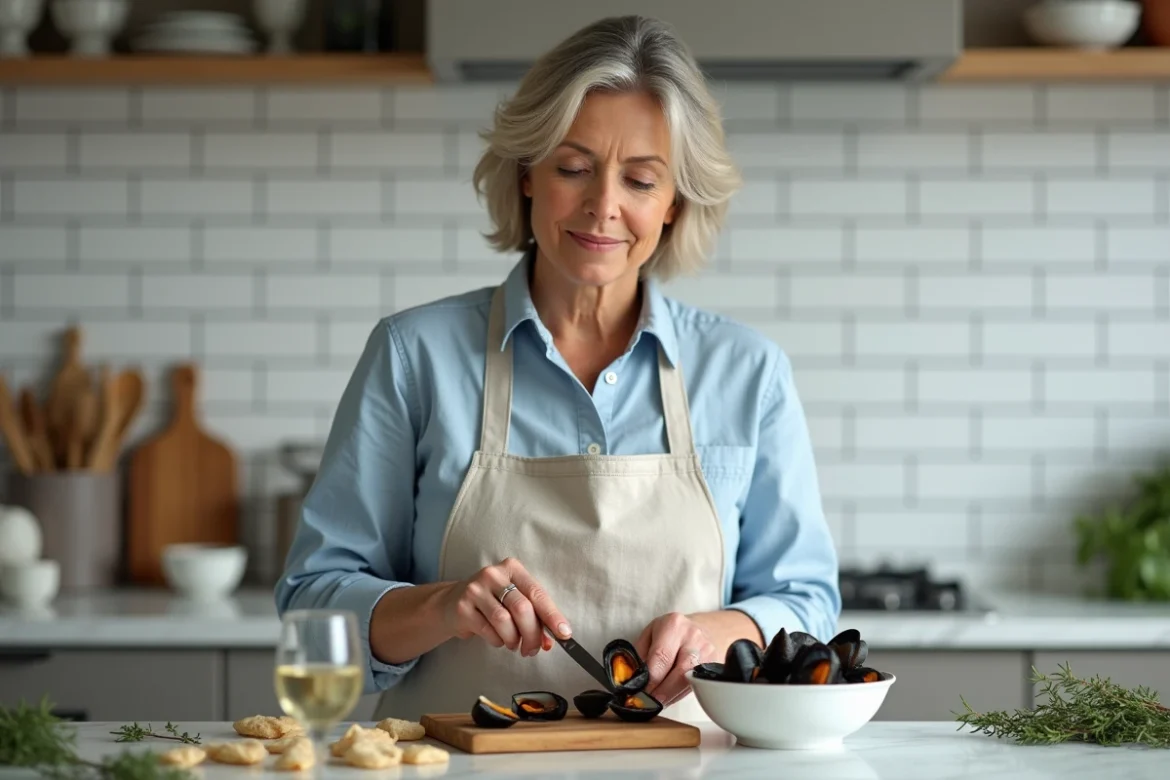 Femme préparant des moules fraîches dans une cuisine moderne, illustrant la cuisine de fruits de mer riches en iode pour la santé thyroïdienne