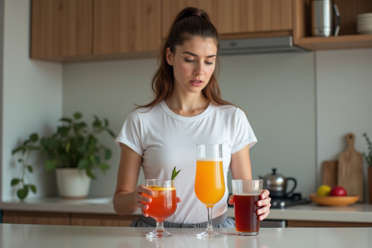 Jeune femme versant différentes boissons dans des verres
