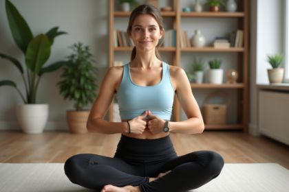 Femme assise en yoga pressant un point d'énergie