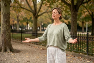 Femme pratiquant le qi gong dans un parc urbain du Nord de la France en tenue blanche et verte