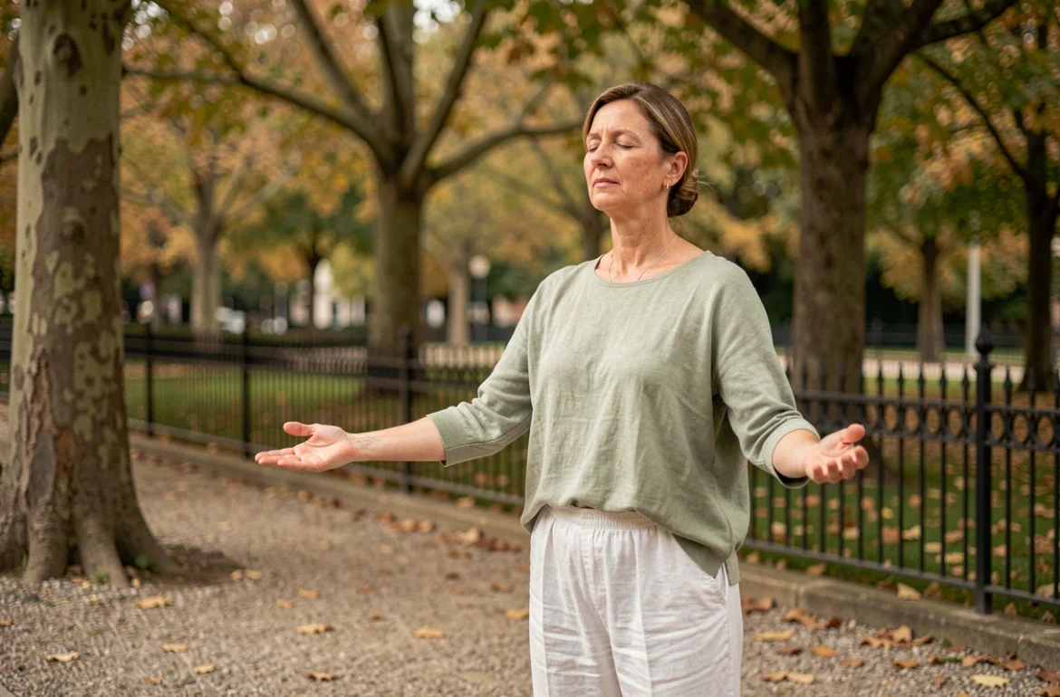 Femme pratiquant le qi gong dans un parc urbain du Nord de la France en tenue blanche et verte