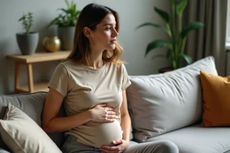Femme en réflexion touchant son abdomen dans un salon cosy