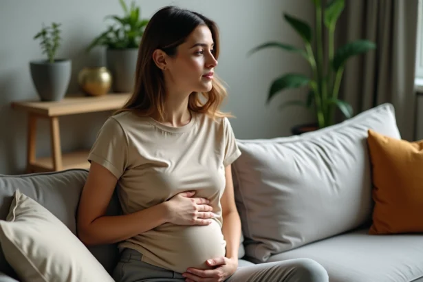 Femme en réflexion touchant son abdomen dans un salon cosy