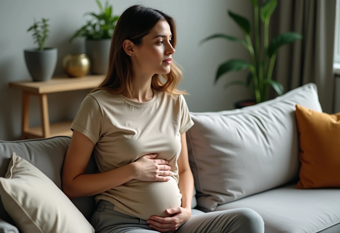 Femme en réflexion touchant son abdomen dans un salon cosy
