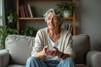 Femme d'âge moyen assise sur un canapé modeste dans un salon