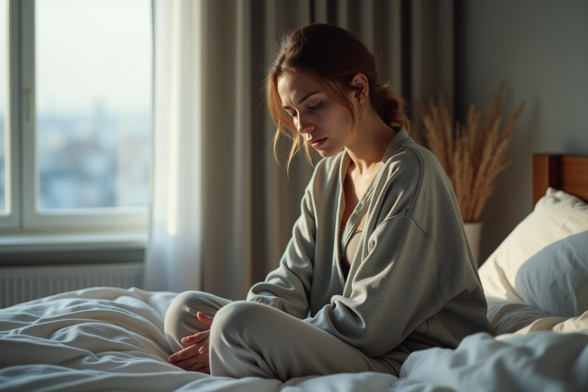 Femme contemplative assise sur le lit dans une chambre moderne