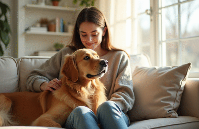 Jeune femme reniflant assise avec chien golden retriever