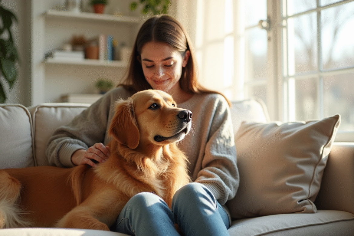 Jeune femme reniflant assise avec chien golden retriever
