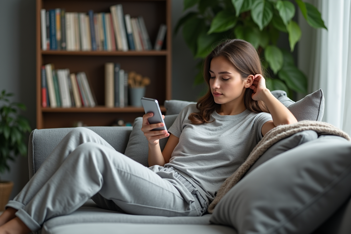 Jeune femme sur le canapé regardant son application sommeil