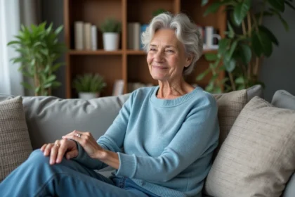 Femme d'âge moyen assise sur un canapé dans un salon cosy