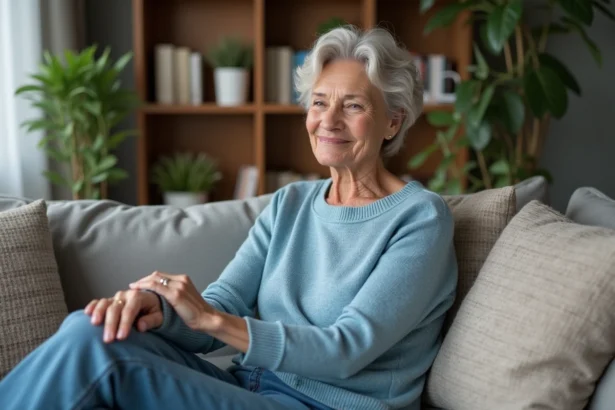 Femme d'âge moyen assise sur un canapé dans un salon cosy