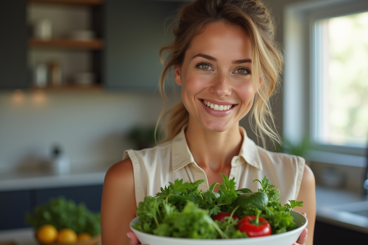 Femme souriante tenant une salade de légumes verts