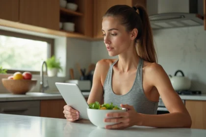 Femme en cuisine avec salade et tablette pour le régime