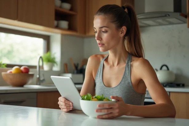 Femme en cuisine avec salade et tablette pour le régime
