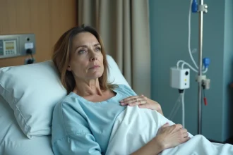 Femme en salle de réveil après anesthésie générale, expression somnolente et désorientée, environnement hospitalier réaliste