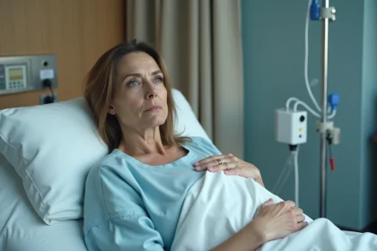Femme en salle de réveil après anesthésie générale, expression somnolente et désorientée, environnement hospitalier réaliste