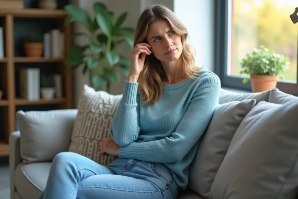 Femme assise sur un canapé dans un salon lumineux