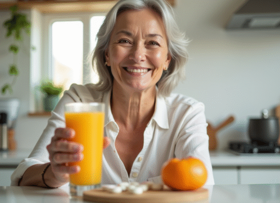 Femme senior souriante dans la cuisine avec jus orange et vitamine B12